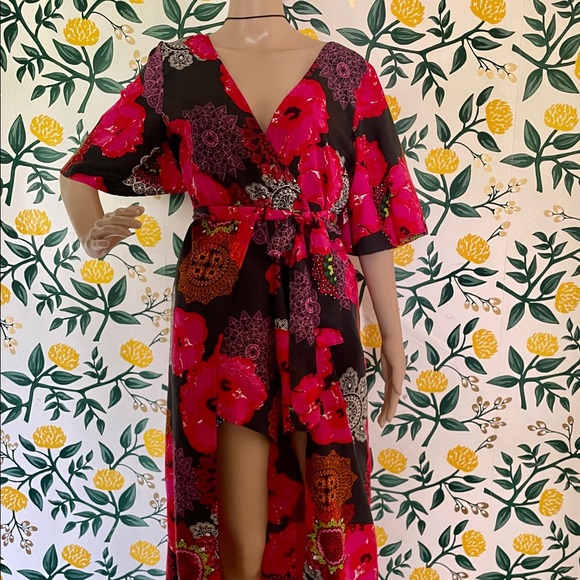 Floral hi-low Romper with tie belt and skirt. - Picture 3 of 12